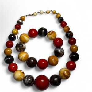 Vintage Old Marbled Glass Bead Necklace Bracelet Set Red Brown Yellow 15”